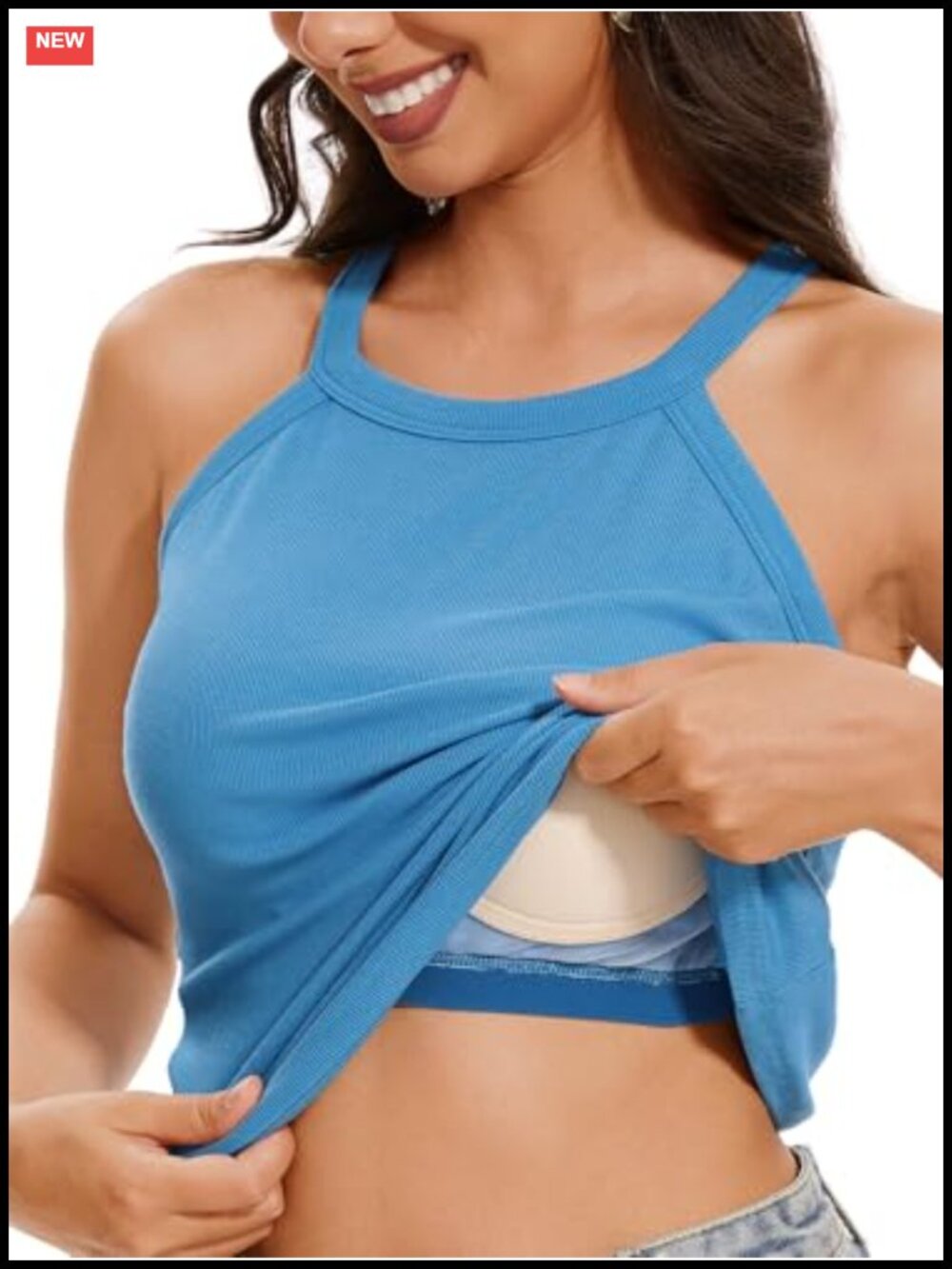 Ribbed Halter Tank Top Built in Bra Racerback Fitted Sleeveless Cami